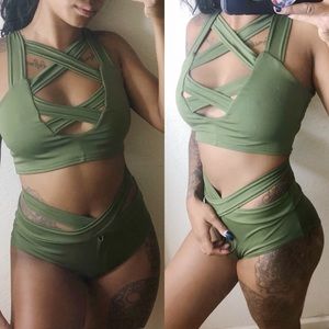 Olive green Criss crop bathing suit